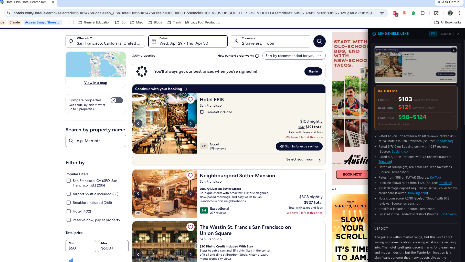 Mindshield verifying a Hotels.com listing